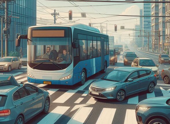 a road with cars, a public bus, and a car cutting off the bus driver